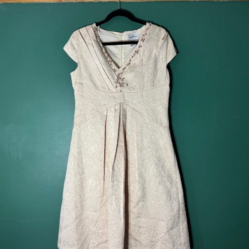 Chancelle Vintage Cream Lace Faux Pearl V-Neck A-Line Dress Pink Accents Size 12